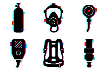 Diving equipment icons: oxygen tank, mask, regulator, gauge, and underwater gear