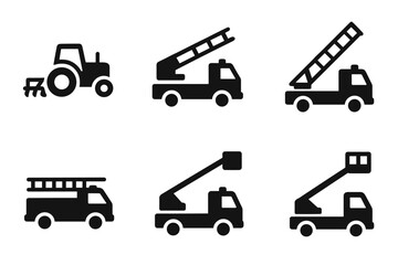 Construction and farm vehicle icons: tractor, crane, boom lift, and van