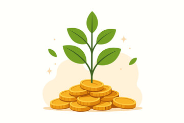 Money growth investment concept. Green plant sprouting from pile of gold coins. Financial success, wealth, savings, profit, economic prosperity, business growth. Modern flat vector illustration