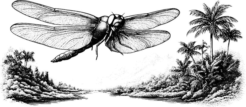 Dragonfly flying over a carboniferous jungle swamp in vintage hand drawn engraving style