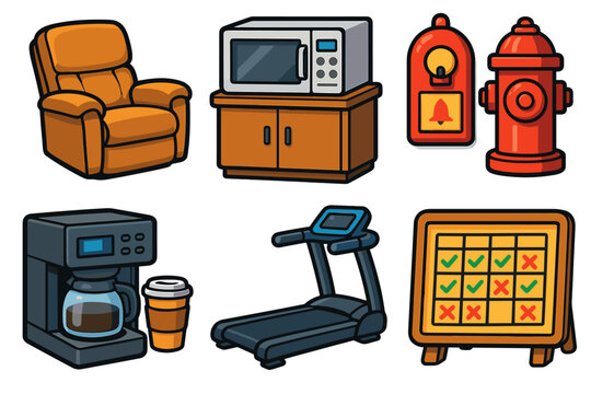 Cartoon household and fitness objects: recliner, microwave, fire hydrant, coffee maker, treadmill, planner