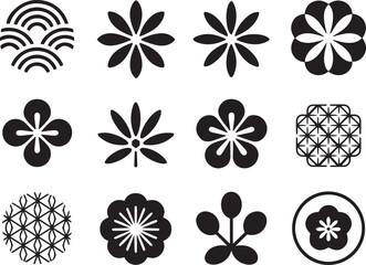 Set of black and white asian inspired floral and geometric designs