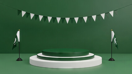  Pakistan Independence Day Podium with Flags and Bunting - 3D Render Background