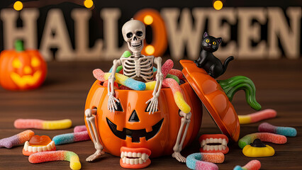 Playful Halloween Skeleton in Pumpkin with Candies and Black Cat