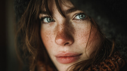 Close up portrait of a woman with freckles and blue eyes looking at the camera with a soft expression