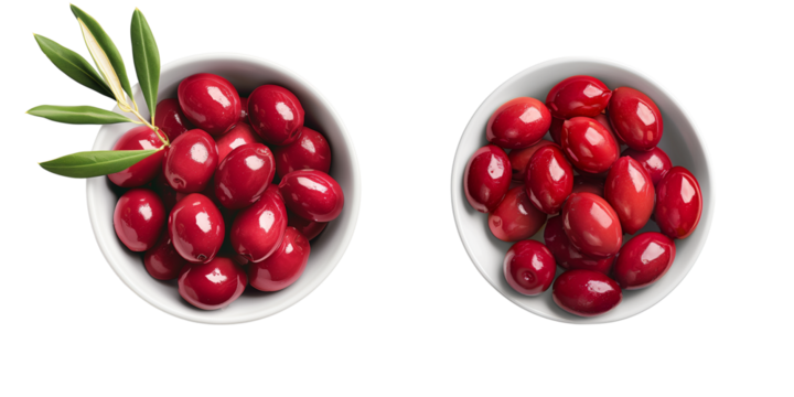 Set of red olives in white bowl Isolated on transparent or white background