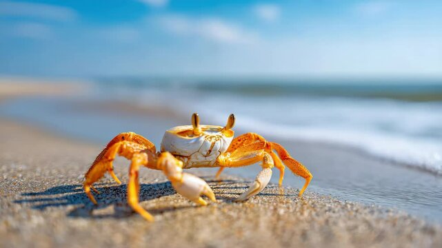 Crab sand beach ocean nature wildlife summer animal crustacean blue sky create vibrant scene of crab sandy beach with ocean waves and clear sky, evoking lively summer mood and natural coastal