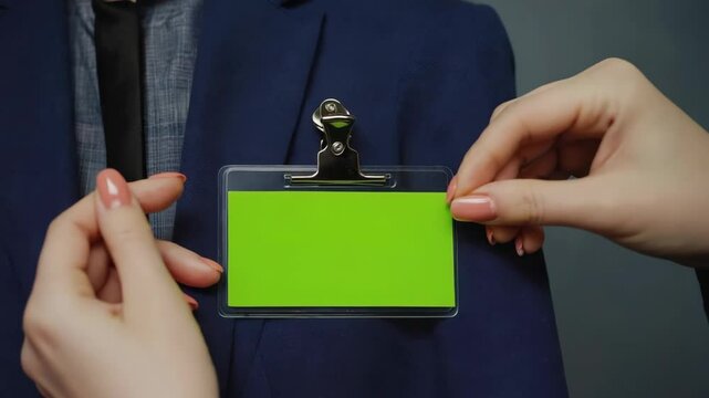A close-up of a person attaching a blank green name tag to a dark blue suit jacket. The hands are feminine with manicured nails, emphasizing a professional setting.