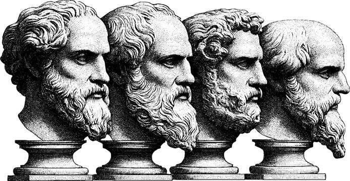 Vintage marble hallway with philosopher busts engraving for classic decor and design