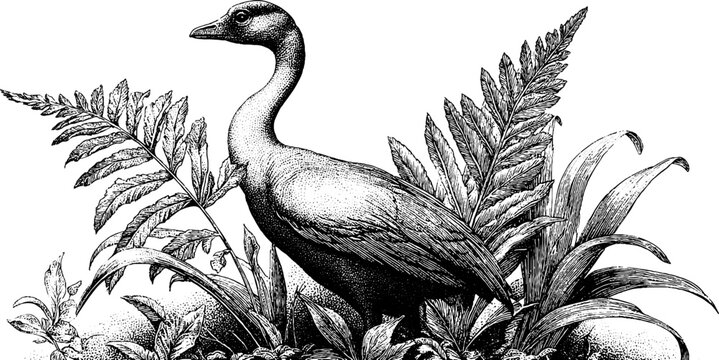 Vintage moa silhouette standing among ferns in early morning mist