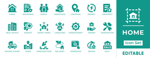 Home Icon Set. Includes icons of houses, rooms, interiors, furniture, family living, and real estate. Perfect for housing apps, property listings, and lifestyle design.