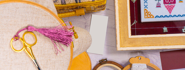 Accessories for hobby. Hoop snaps, scissors, threads, needles and scissors. Vintage tools for...
