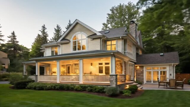 Luxury real estate: stunning home with landscaped yard, covered porch, and outdoor patio area design