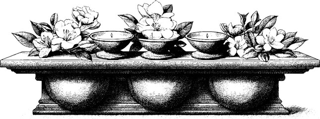 Fototapeta premium Vintage shrine offering with bowls, candles, and flowers - hand drawn design for decor