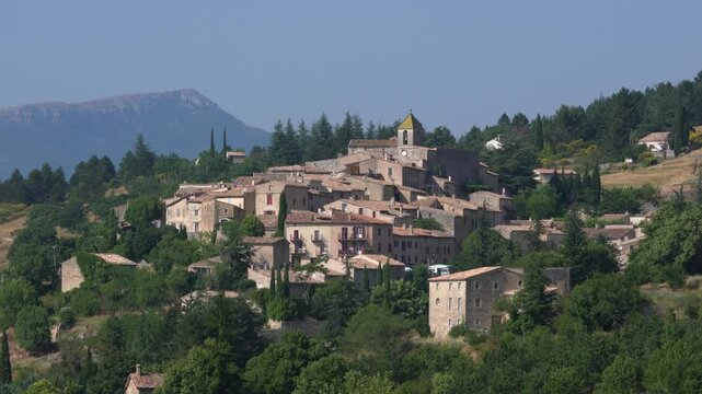 Aurel France Provence Stone Beautiful Village Close Up on a Hill in the Day. Medieval Church of Saint Aur&egrave;le 12th Century Town.