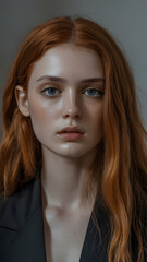 Fototapeta premium Editorial fashion photograph of a young redhead woman, cit , lit by hard key lights simulating a multi-flash setup, creating defined edges and deep shadows, sharp focus, confident expression, high fas
