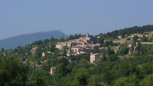 Aurel France Provence Stone Beautiful Village Wide View on a Hill in the Day. Medieval Church of Saint Aur&egrave;le 12th Century Town.