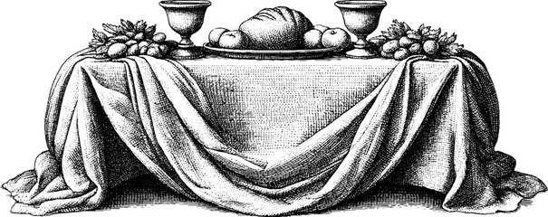 Renaissance banquet table with goblets and bread for historical themed design