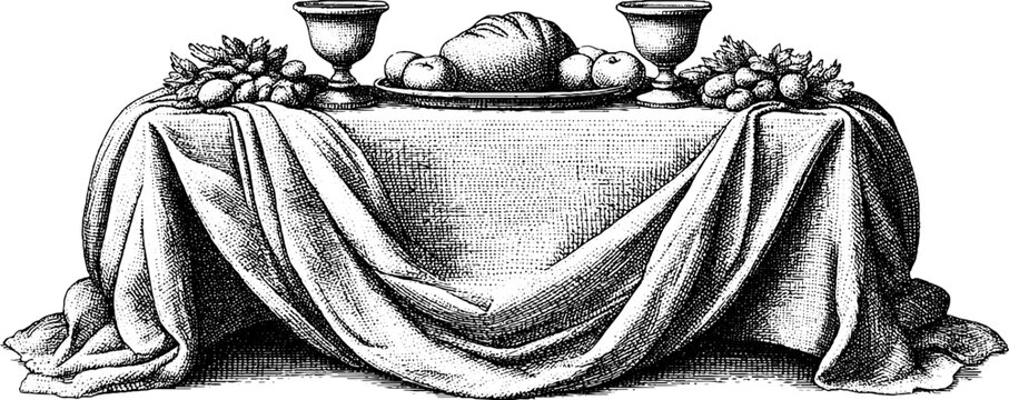 Renaissance banquet table with goblets and bread for historical themed design