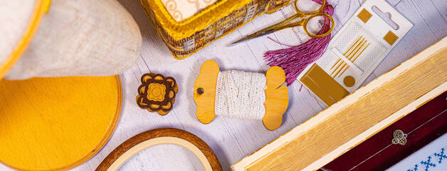 Accessories for hobby. Hoop snaps, scissors, threads, needles and scissors. Vintage tools for...