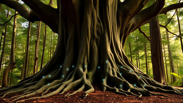 Majestic Old Tree with Expansive Roots and Glowing Blue Orbs in a Mystical Enchanted Forest