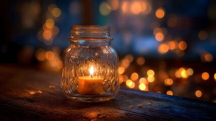 Warm candlelight in glass jar