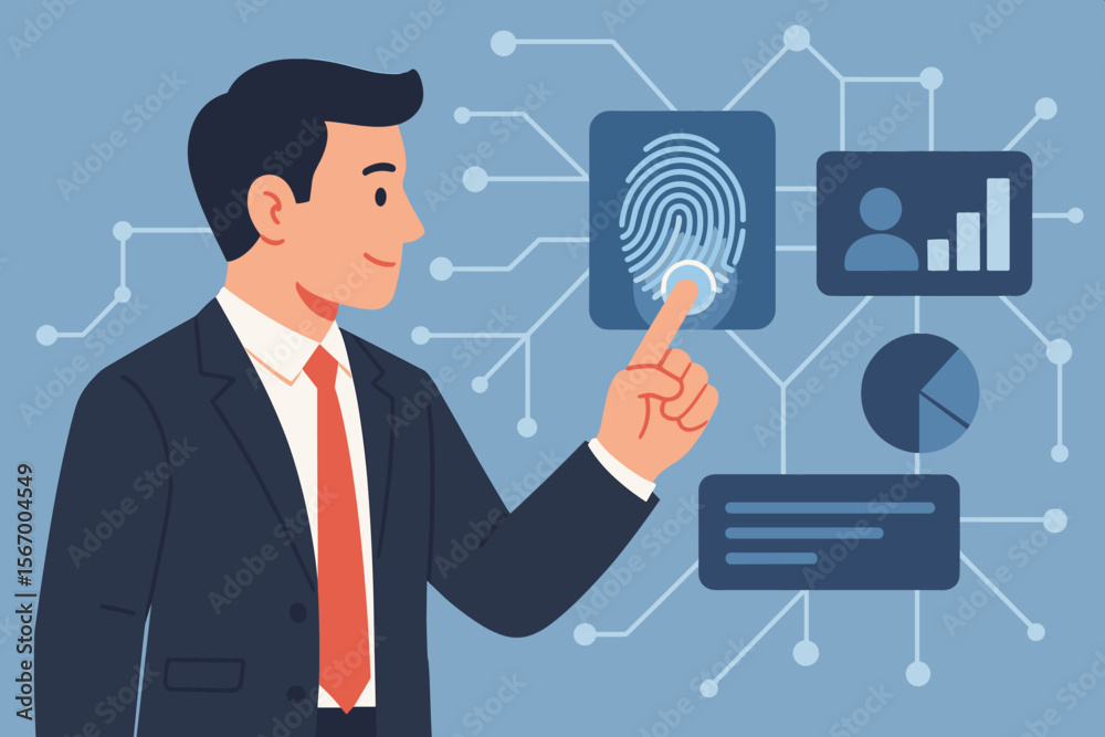Aufkleber businessman touching fingerprint scanner on digital screen for biometric authentication. secure acce