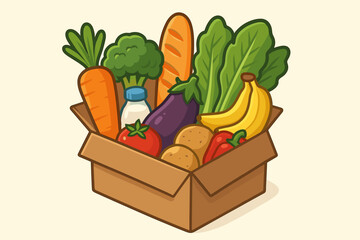 Cardboard box full of fresh groceries, produce, fruit and vegetables. Healthy food delivery, grocery shopping or food donation concept. Vector cartoon illustration of organic food.