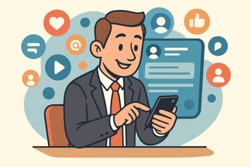 Businessman working online with a mobile phone. Social media marketing concept. Man using smartphone for business communication, networking, SMM, content strategy and engagement.
