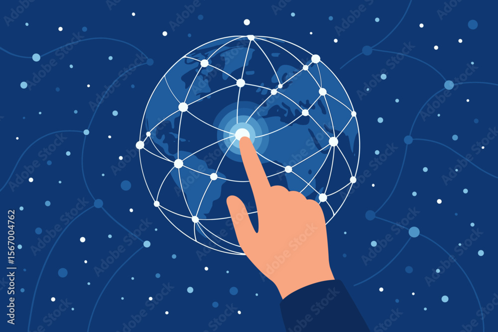 Aufkleber hand touching global network on data connection. world map internet technology. business communicati