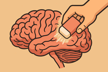 Human Brain Memory Loss Concept. Hand Erasing Brain. Memory Erasure, Forgetfulness, Dementia, Alzheimer’s Disease, Cognitive Decline, Amnesia, Mental Health, Neuroscience, Vector Cartoon Illustration