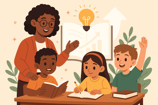 Black female teacher helping diverse students in classroom. Education concept with children learning, reading, writing. Mentorship for growth, knowledge and potential. Vector cartoon.