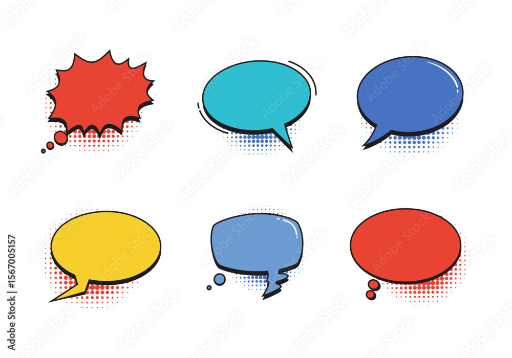 Fototapete comic style speech bubbles with halftone effect various colors and shapes.