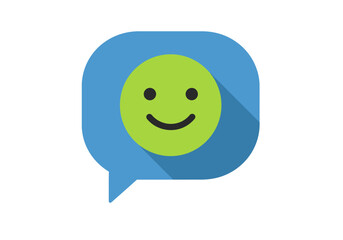 Happy Green Smiley Face in a Blue Speech Bubble Icon.