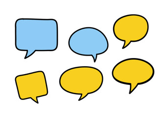Six Hand-Drawn Speech Bubbles: Blue and Yellow Dialogue Boxes.