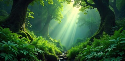 Sun-Dappled Rainforest Lush Green Ferns and Vibrant Foliage in a Mystical, Damp Atmosphere ? Perfect Nature Background