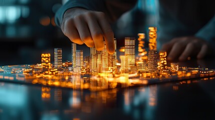 Obraz premium A futuristic city model created by AI urban design software displayed on a transparent touch screen, zoomed-in view of buildings forming in 3D