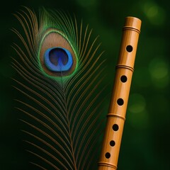 Fototapeta premium Janmashtami poster design with peacock feather and krishna flute.