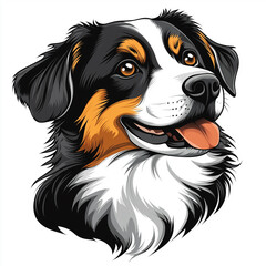 Logo brand of a dog with a black, white, and orange coat, wide smile and its tongue hanging out. The dog has a white chest, black ears, and a mix of orange and white fur, isolated on white background.