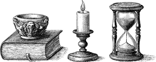 Vintage dotwork sketch of book, candle, and hourglass for retro tattoo design
