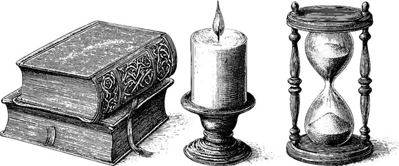 Vintage hand drawn book, candle, and hourglass illustration for retro design