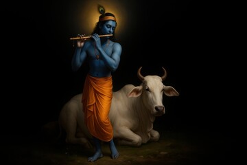 Illustration of krishna and cow for krishna janmashtami celebration.