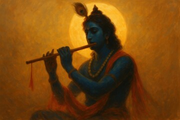 Janmashtami poster illustration with krishna playing flute.