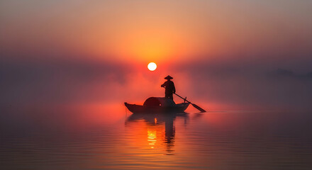 Sunrise silhouette of fisherman on a boat
