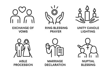 Fototapeta premium Wedding ceremony icons: vows, prayer, candle lighting, procession, declaration, blessing vector icon isolated illustration