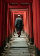 Fototapeta premium A solitary figure traverses a vibrant tunnel of red pillars, evoking contemplation and spiritual