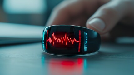 A smart wearable ring providing AI-driven health notifications, zoomed-in image of OLED screen with heartbeat and hydration data