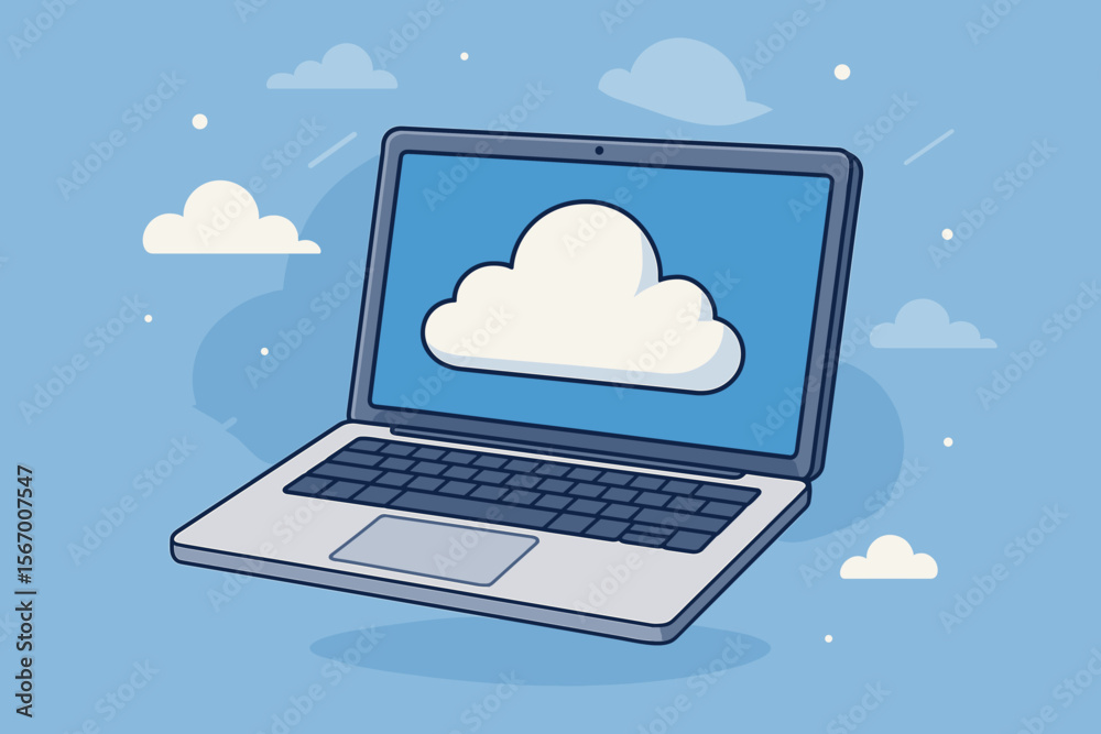 Poster cloud computing technology concept. laptop computer with a cloud icon on the screen representing onl