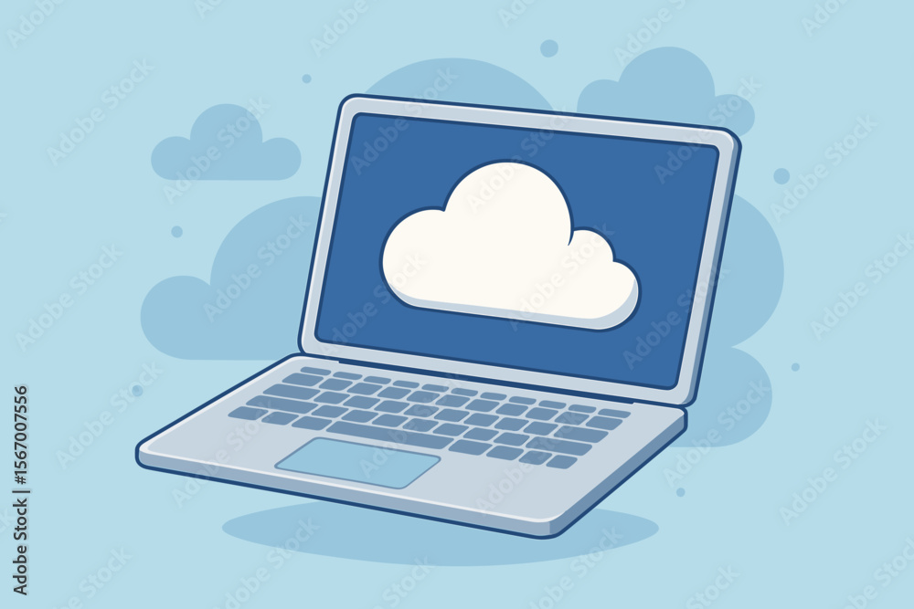 Fototapete Cloud computing technology concept. Laptop computer with cloud icon on screen. Modern flat vector for online data storage, digital information backup, network server, and web hosting.