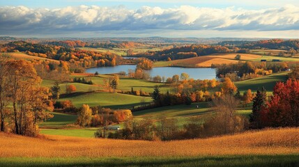 Fototapeta premium Panoramic autumnal landscape of rolling hills, fields, and a serene lake.